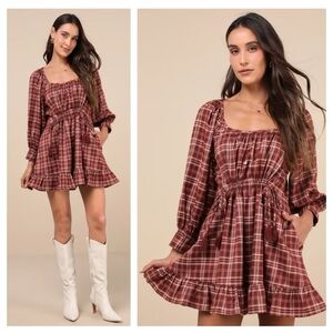 Lulus Autumn Perfection Red Plaid Mini Dress With Pockets Medium